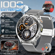 Smartwatch with features highlighted on a mountainous background