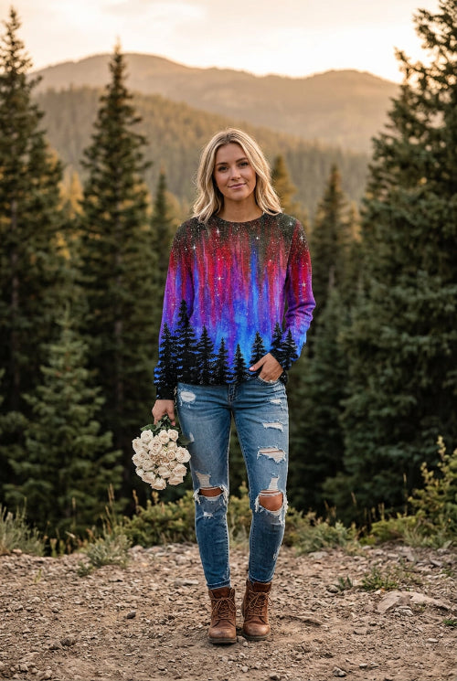 A woman wearing a long-sleeve crewneck sweatshirt with a vibrant galaxy and aurora print, paired with blue jeans and holding a bouquet of white roses.