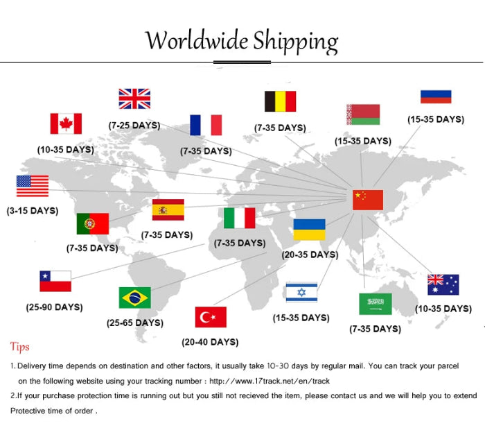 World map with flags of various countries and corresponding shipping time estimates.
