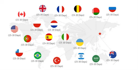 Map of the world with country flags and estimated travel time labels on a white background