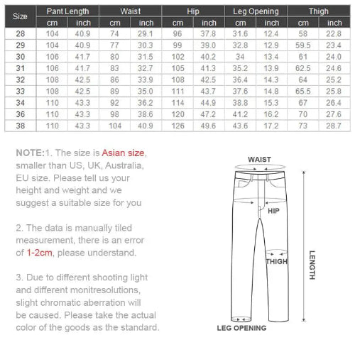 Pants size chart with measurements in centimeters and inches, including a diagram of a pants fit.