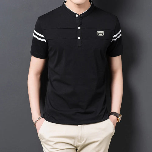 Black short-sleeve shirt with white stripes on sleeves against a dark background