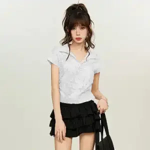 Women American V Neck Polo Collar Tie Dye T Shirt Summer Short Sleeve Slim Waist Cropped Casual Top