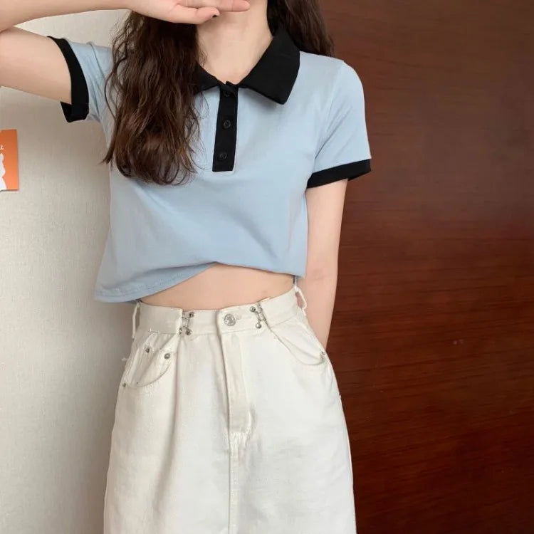 Summer 2026 Women New Arrival Slim Fit Versatile Polo Collar Color Block Short T Shirt Short Sleeve Unique Top Ins Trendy