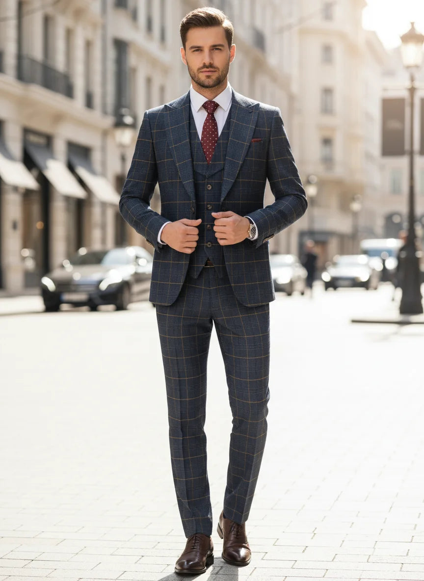 Elevate Your Style with the Dark Blue Checkered 3-Piece Suit Set