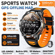 An orange and black rugged sports watch with a digital display, shown on a white background with promotional text highlighting features like GPS offline map, 
