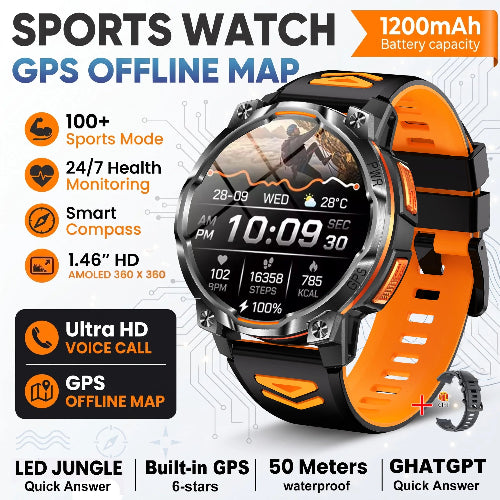 An orange and black rugged sports watch with a digital display, shown on a white background with promotional text highlighting features like GPS offline map, 