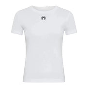 White t-shirt with a black logo on a white background