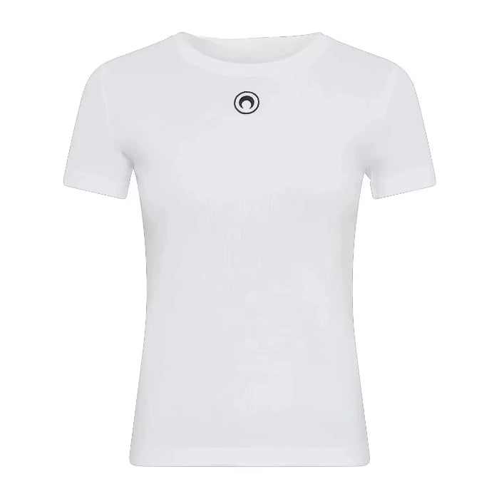 White t-shirt with a black logo on a white background