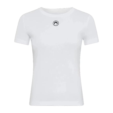 White t-shirt with a black logo on a white background