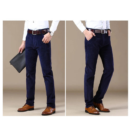 Two views of a person wearing navy pants with brown shoes on a beige background