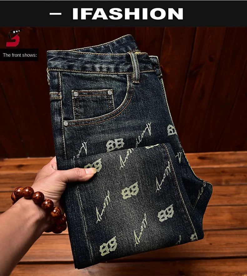 Autumn and winter light luxury printed jeans MEN'S slim fit skinny elastic trend fashionable retro blue denim trove