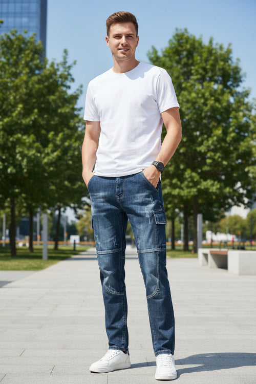Two pairs of blue jeans being modeled against a neutral background