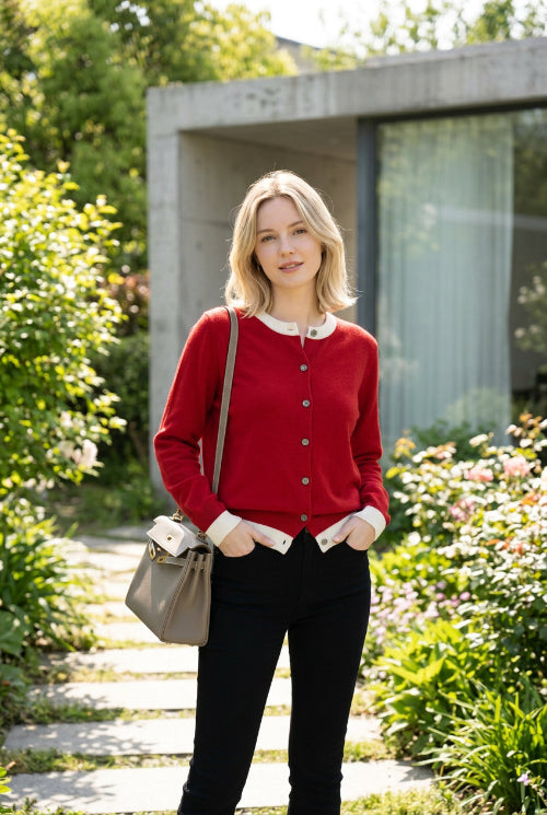 Person wearing a red cardigan with white trim, holding a beige handbag indoors.