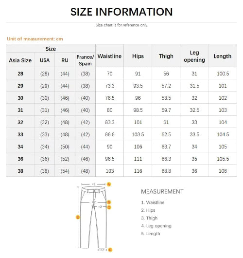 Size chart for pants with measurements in centimeters