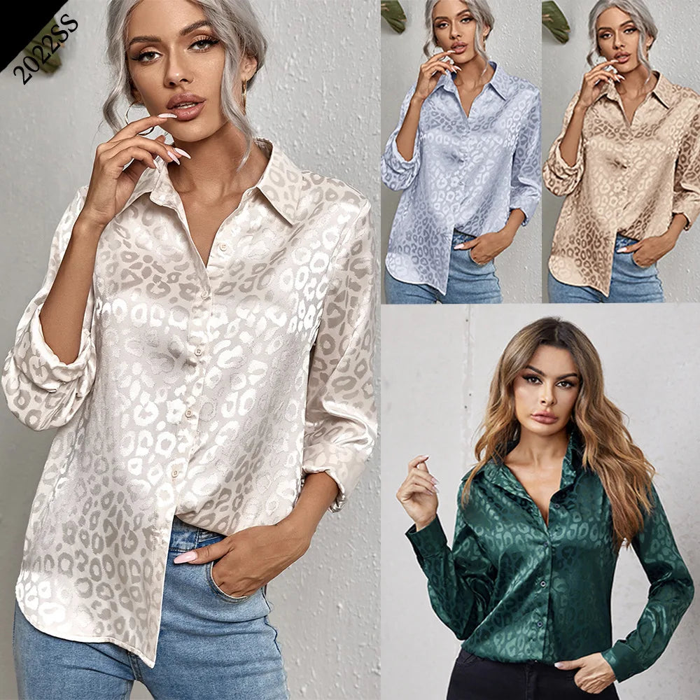 Women Leopard Print Luxury Blouse Spring Summer Long Sleeve Lapen Vintage Button Up Shirt Office Lady Satin Tunics Harajuku Top