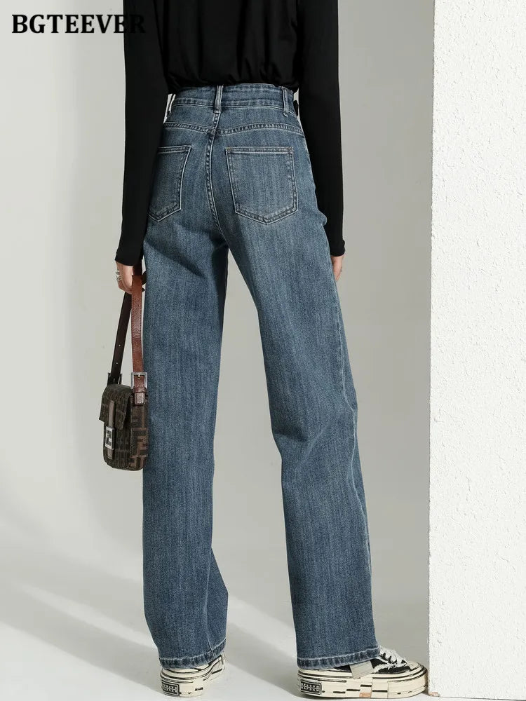 BGTEEVER Vintage Double Buttons Straight Jeans Pants Women Spring Autumn High Waist Loose Pockets Female Wide Leg Denim Trousers