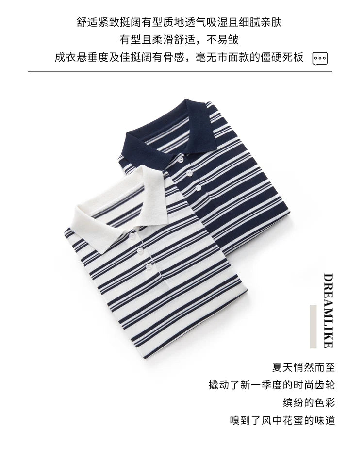 WinvyNee Summer Women's Pure Cotton Sweaters Polo T-Shirts White Half Sleeve Striped Tees Y2k Outerwears Pullover Tops ZA1523012