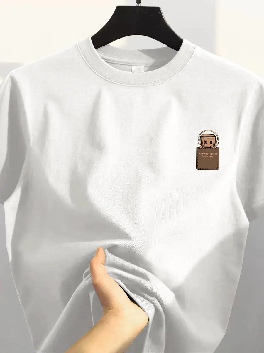 Retro Loose Fit Pure Cotton ort Sve T-irt ex Casual Top Korean Sle Printed Cotton Tee Men's Cut Label