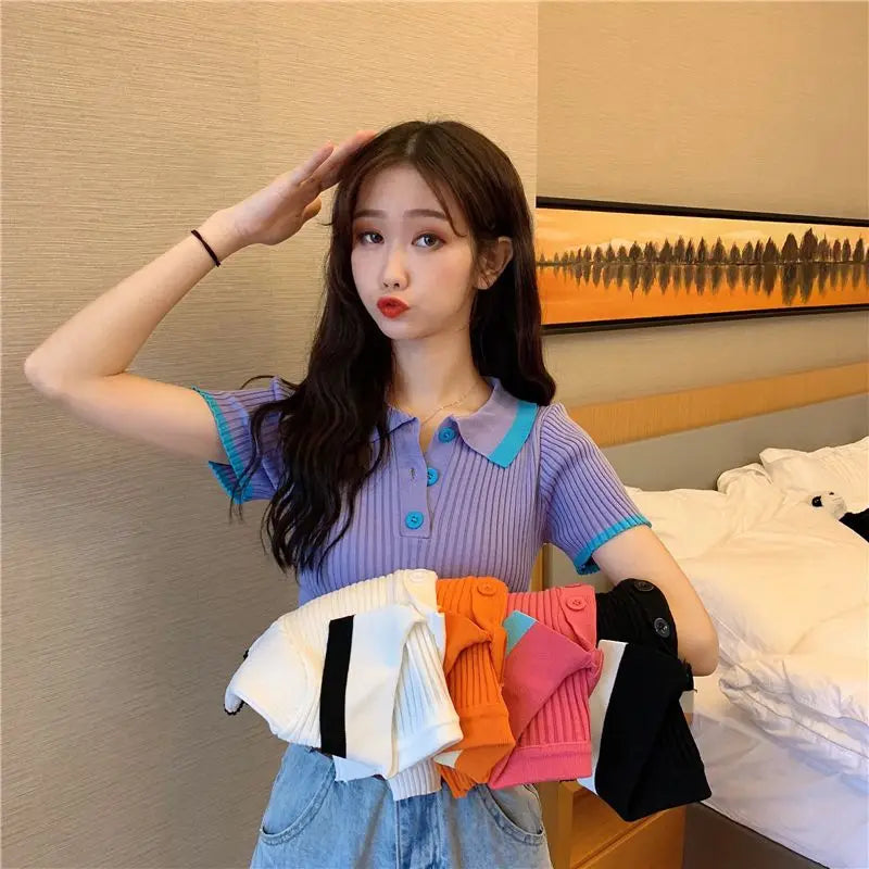 Women's Polo Shirts Sexy Crop Top Button Female Tee Knitted Slim with T-shirts Collar Korean Clothing Pulovers Trend 2025 Summer