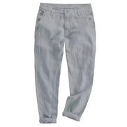 A pair of light gray trousers with a subtle textured finish, shown flat against a solid white background.