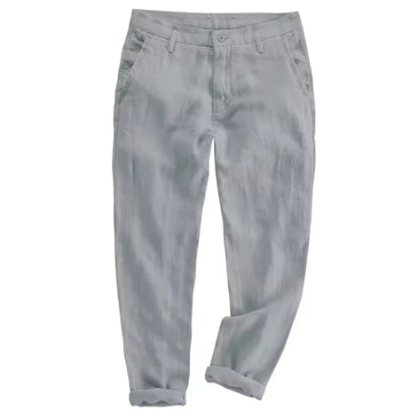 A pair of light gray trousers with a subtle textured finish, shown flat against a solid white background.
