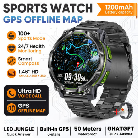 A rugged black sports watch with a metal link band and a colorful topographic map display,