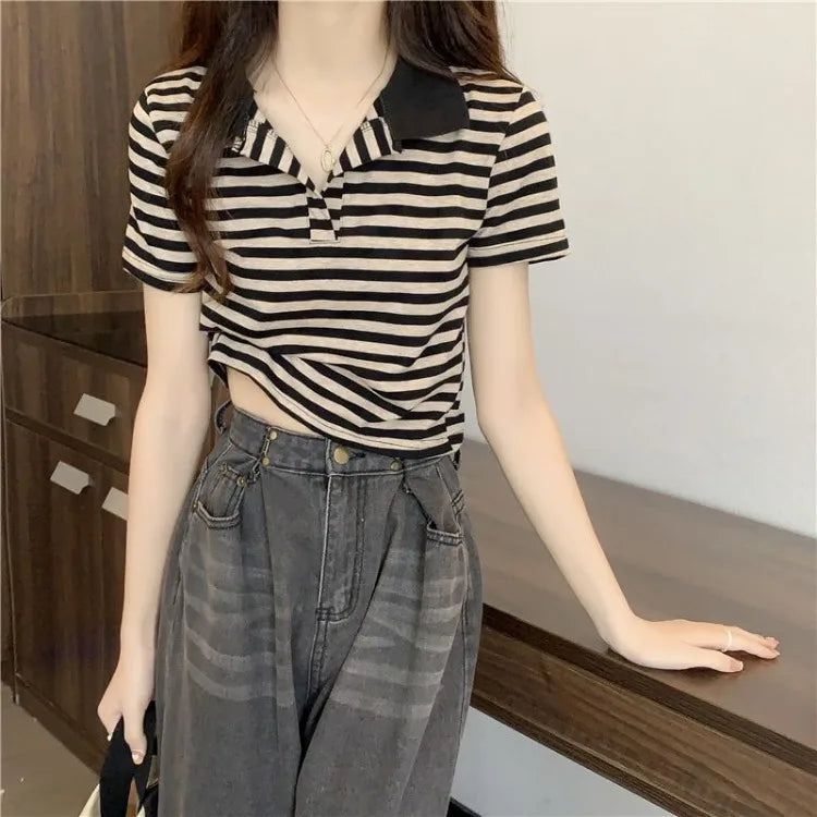 Chic V Neck Short Length Striped Short Sleeve Polo T Shirt For Women Summer 2026 New Niche Top
