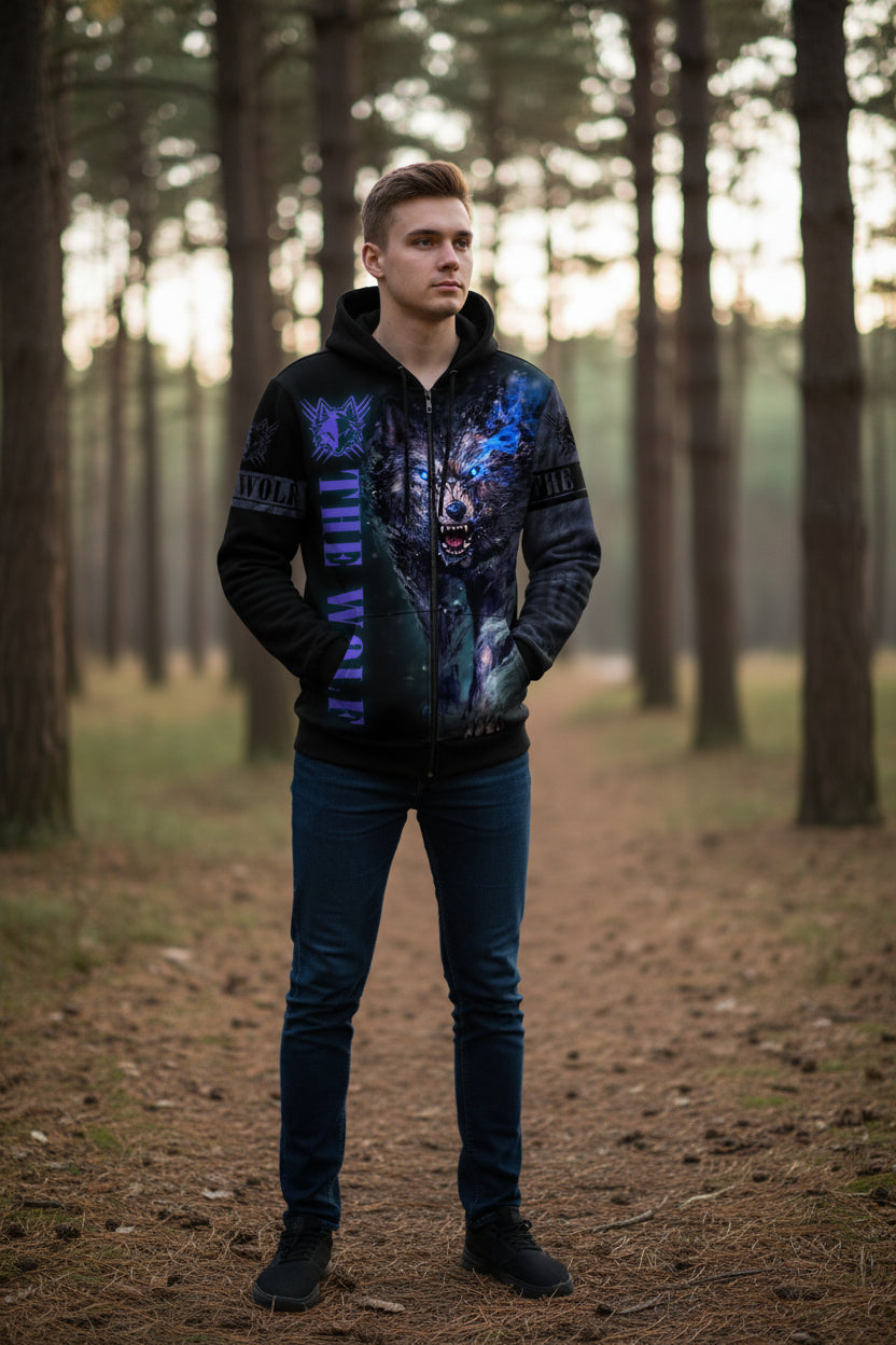 Black hoodie with a wolf graphic design on a white background