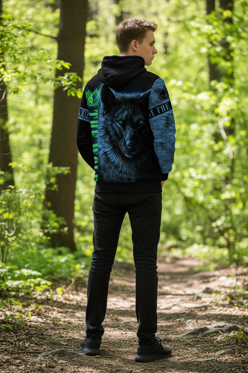 Black hoodie with a wolf design and 'The Wolf' text on a white background