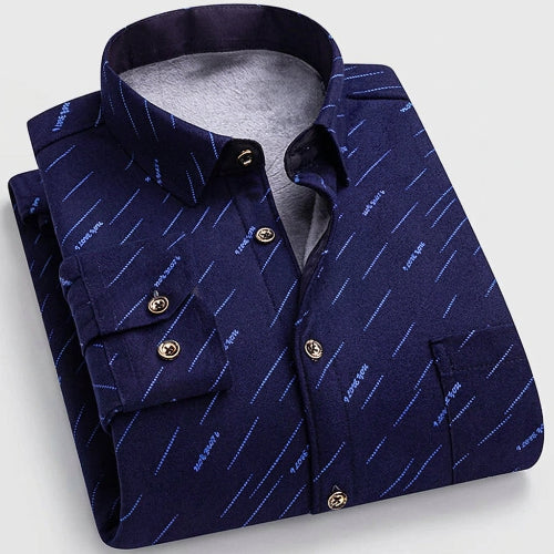 A folded men's button-up shirt in dark navy blue with a fine diagonal stripe pattern, featuring a visible gray fleece lining.