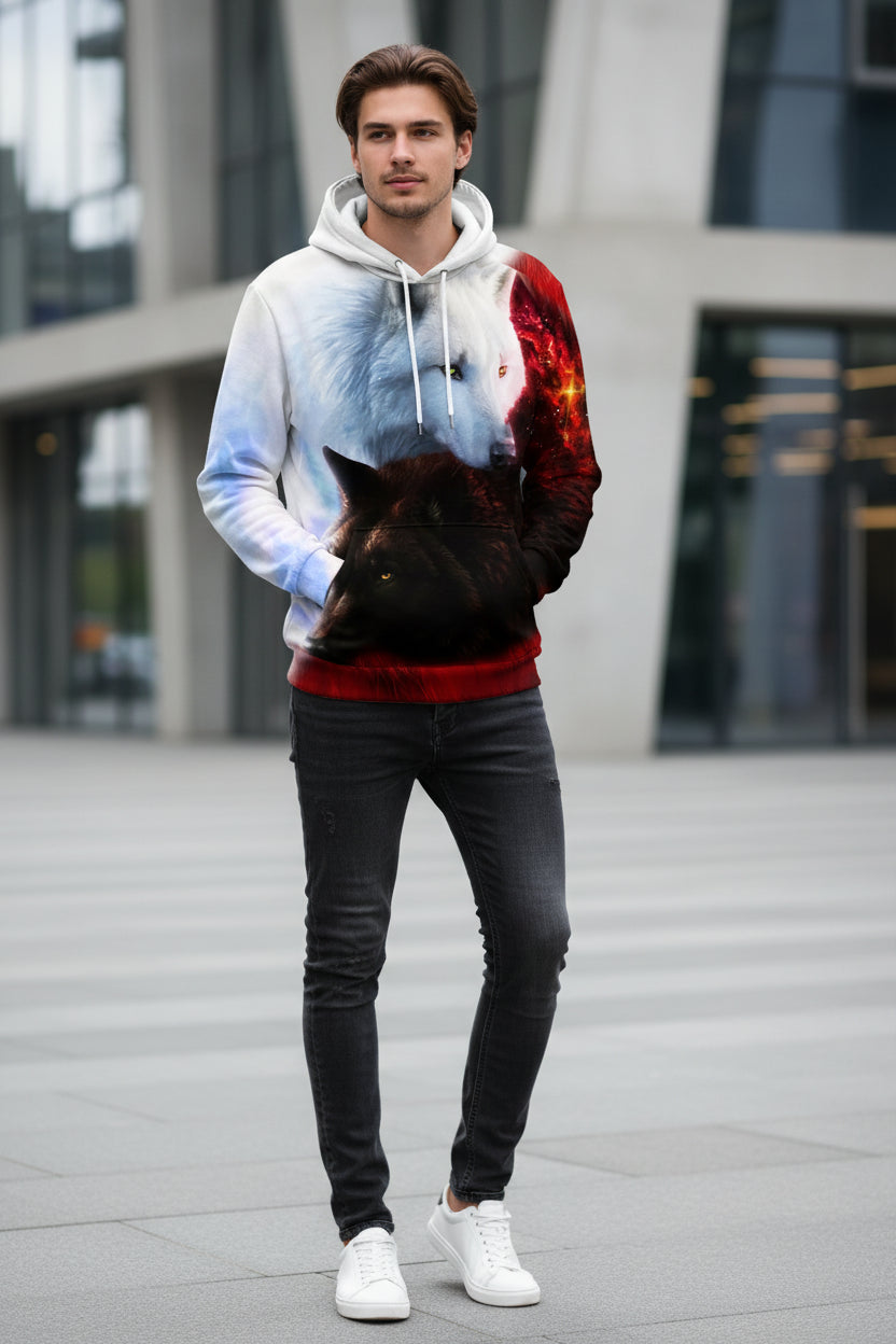 Hoodie with a design of two wolves, one white and one black, on a colorful background.