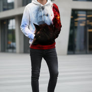 Hoodie with a design of two wolves, one white and one black, on a colorful background.