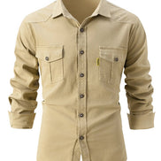 Beige button-up shirt with two front pockets on a white background