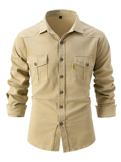 Beige button-up shirt with two front pockets on a white background