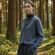 A woman stands in a sunlit forest wearing a slate blue knit cardigan over a black turtleneck, 