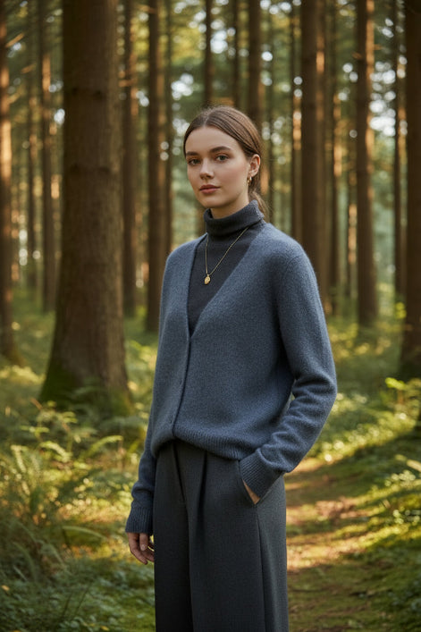 A woman stands in a sunlit forest wearing a slate blue knit cardigan over a black turtleneck, 