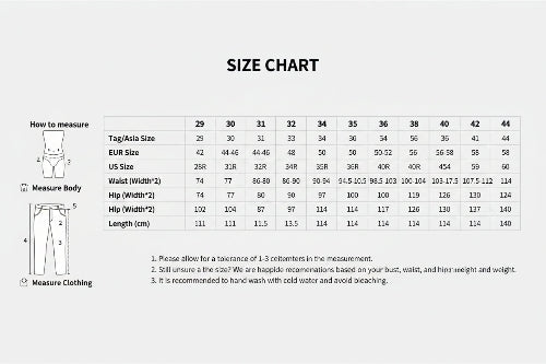 Size chart for clothing measurements on a white background