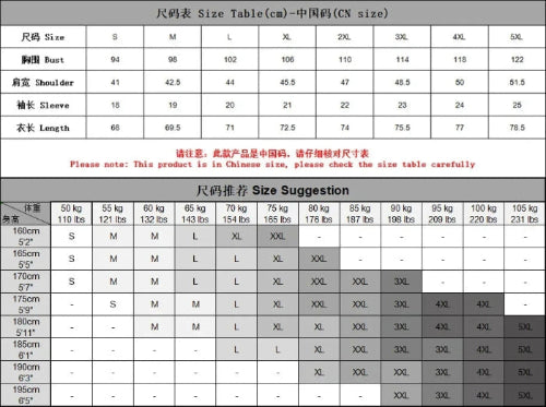 Size chart for clothing measurements in Chinese sizes