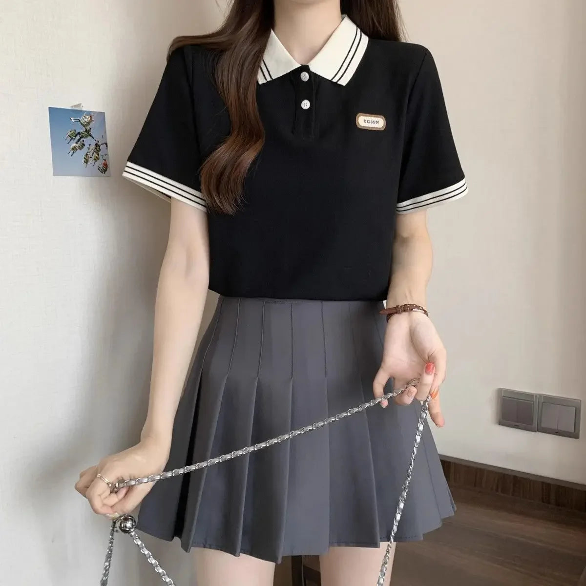 Baggy Female Tee Women's Polo Short Sleeve T-shirt Korean Clothing Youthful Elegant in Trend 2025 Sales Youth Aesthetic T-shirts