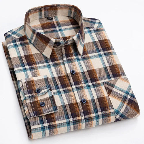 A folded long-sleeve plaid button-up shirt with a classic check pattern in brown, beige, blue, and white, shown on a clean white background.