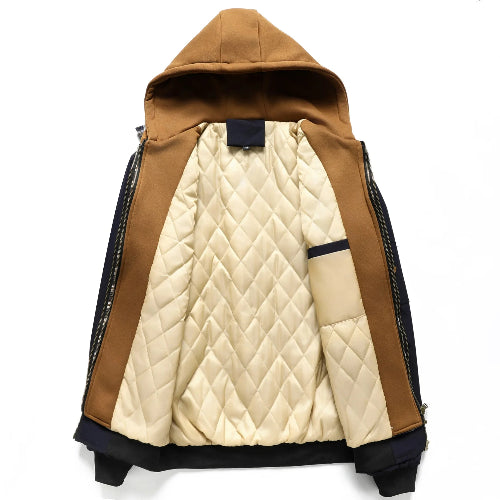 Brown and beige quilted jacket on a white background