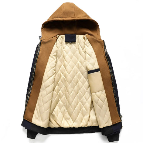Brown and beige quilted jacket on a white background