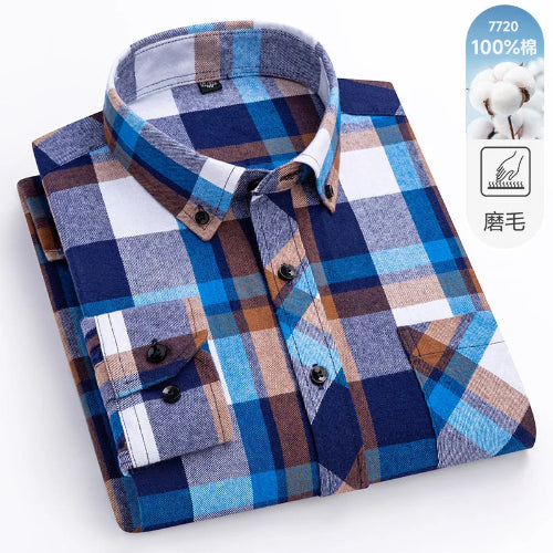 Plaid shirt with blue and brown pattern on a white background