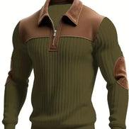 Green sweater with brown collar and arm patches on a white background