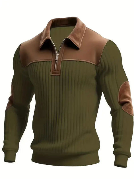 Green sweater with brown collar and arm patches on a white background