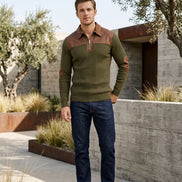 Green sweater with brown collar and arm patches on a white background