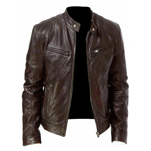 Brown leather jacket on a white background