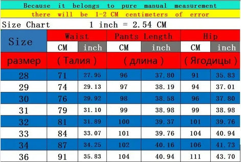 Size chart for pants with measurements in centimeters and inches