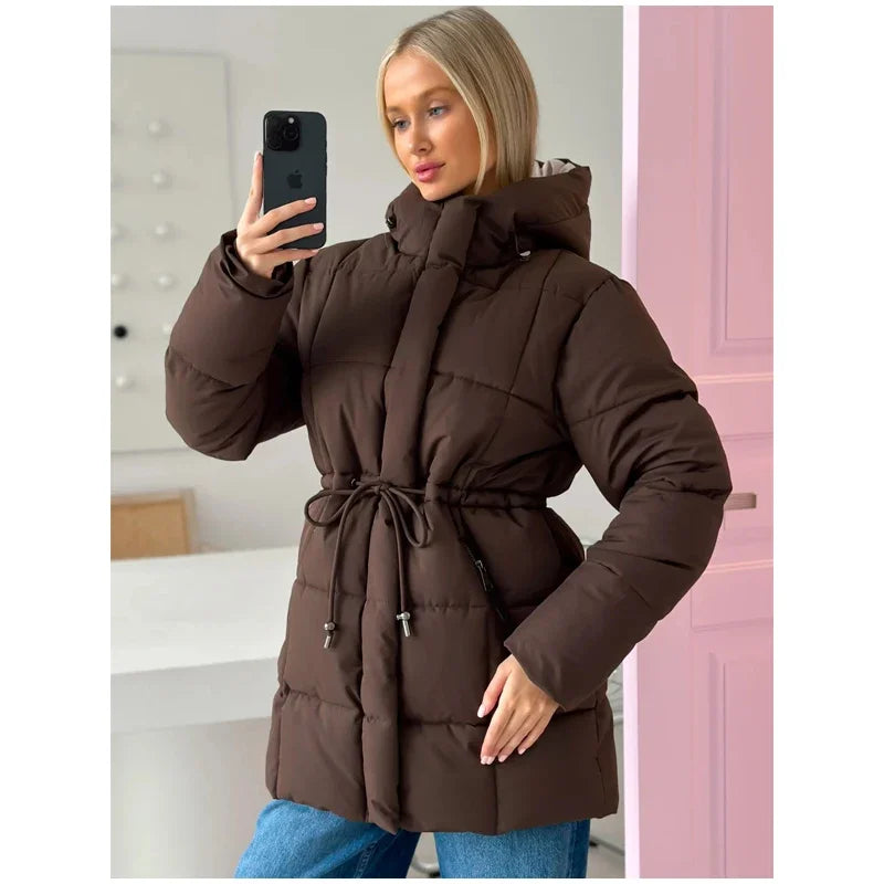 Brown Hooded Quilted Cotton Jacket Fashion Waist Cinch Drawstring Zip Pocket Warm Coat 2026 Women's Winter Casual Street Outfit